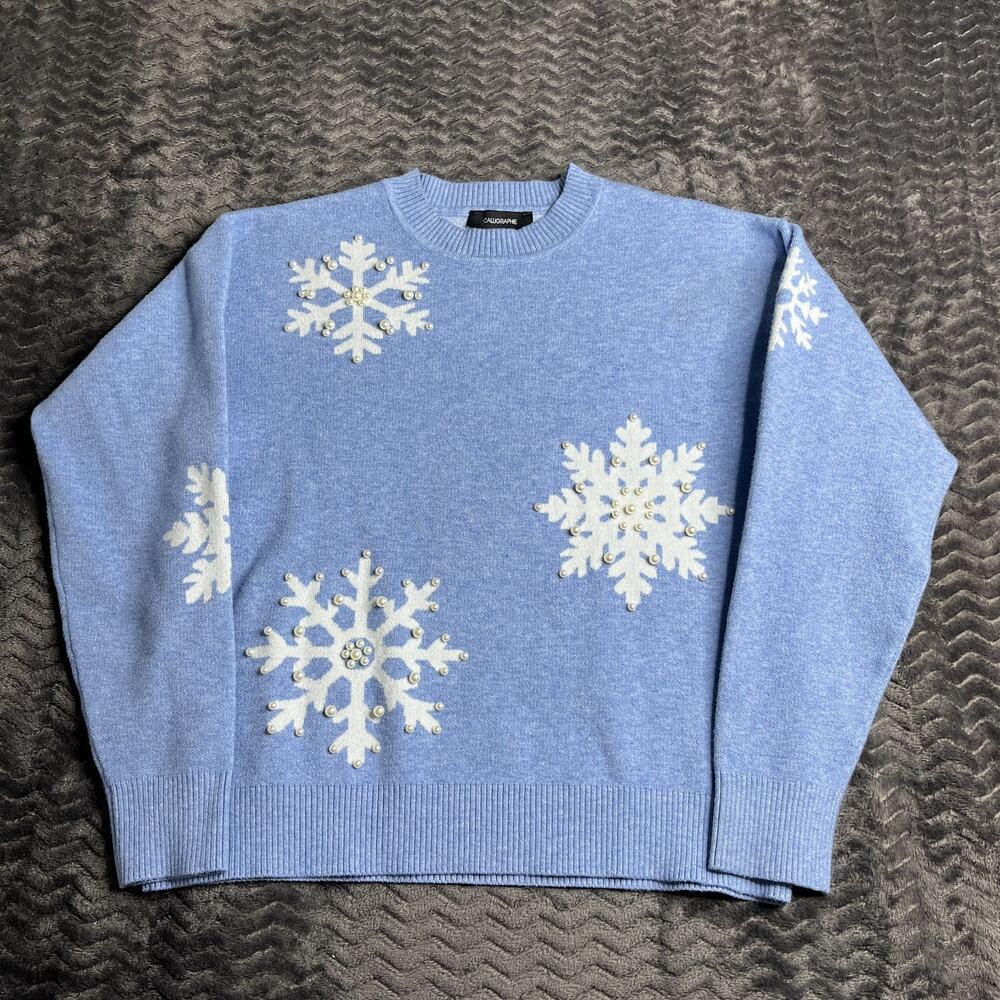 Calligraphie Anthropologie Blue Snowflake Pearl Embellished Sweater Size Small